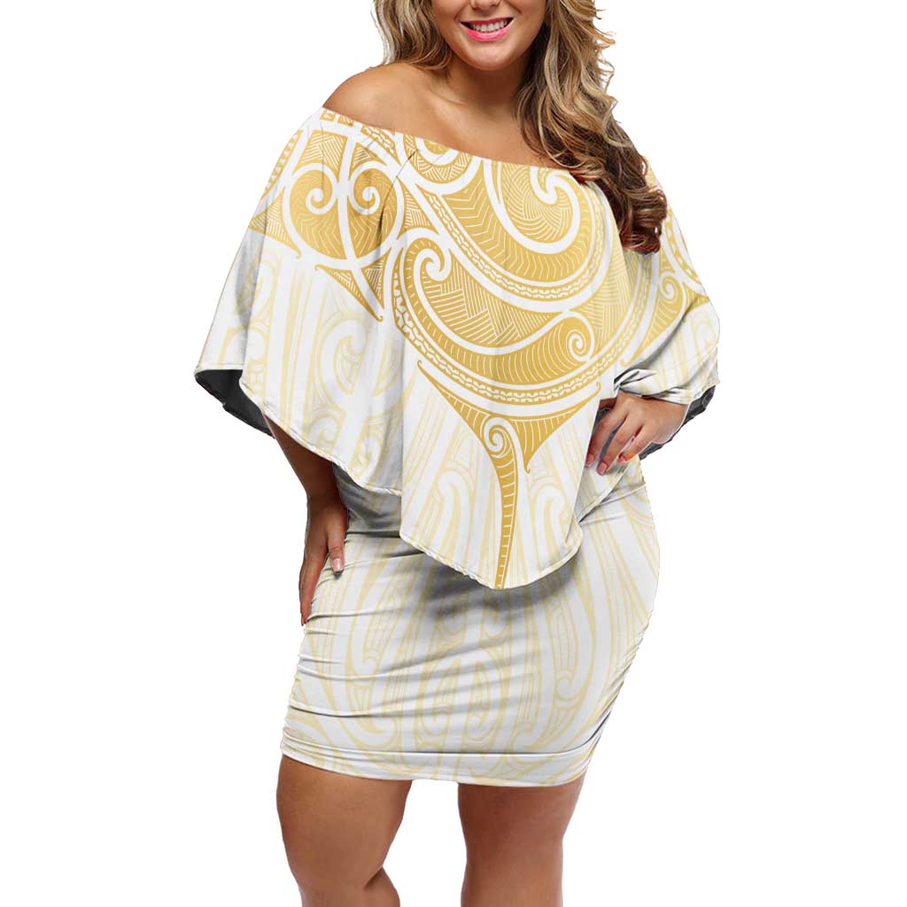 Gold White New Zealand Manta Ray Family Matching Off Shoulder Short Dress and Hawaiian Shirt Aotearoa Maori Haehae LT14 Mom's Dress White - Polynesian Pride