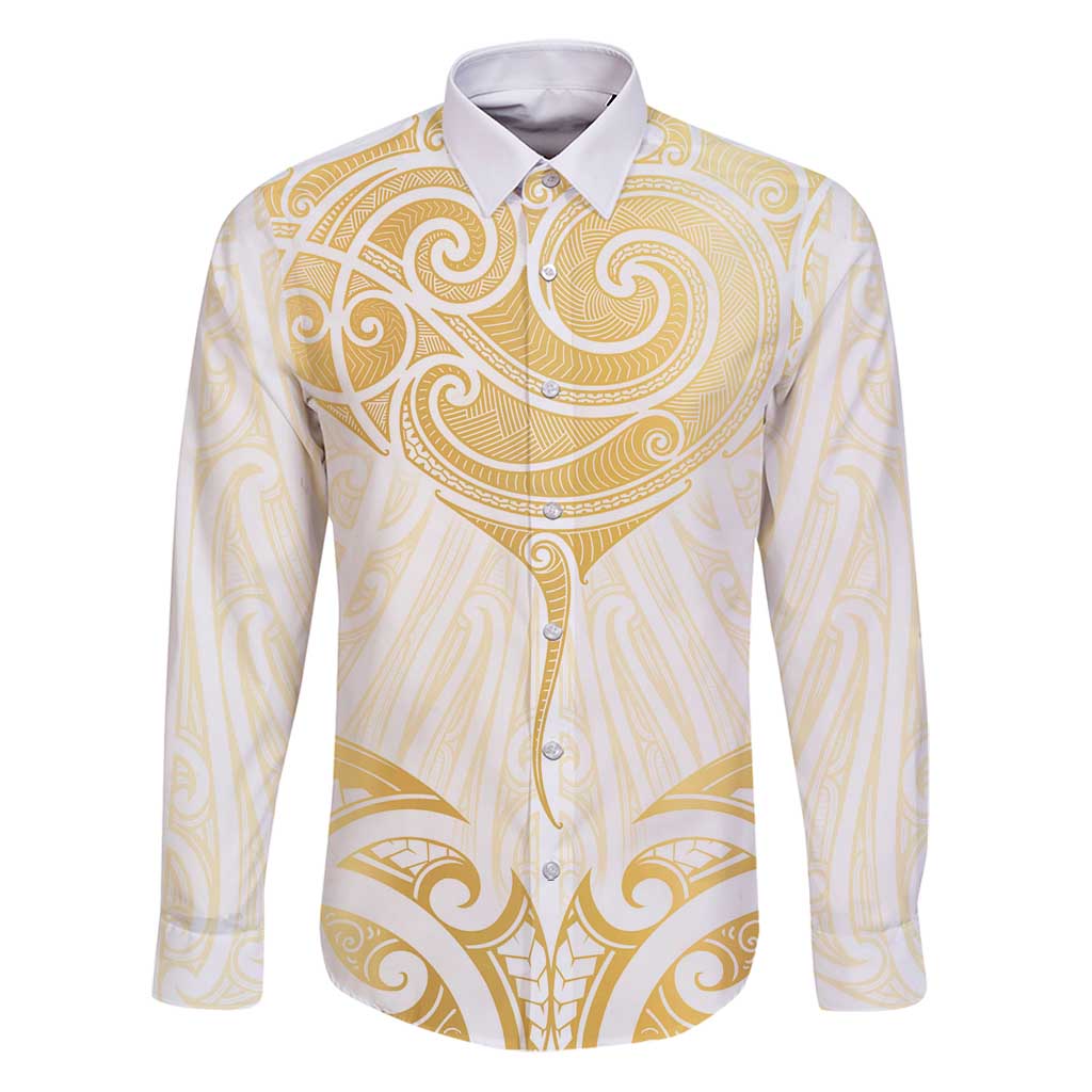 Gold White New Zealand Manta Ray Family Matching Puletasi and Hawaiian Shirt Aotearoa Maori Haehae LT14 Dad's Shirt - Long Sleeve White - Polynesian Pride