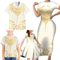 Gold White New Zealand Manta Ray Family Matching Short Sleeve Bodycon Dress and Hawaiian Shirt Aotearoa Maori Haehae LT14 - Polynesian Pride