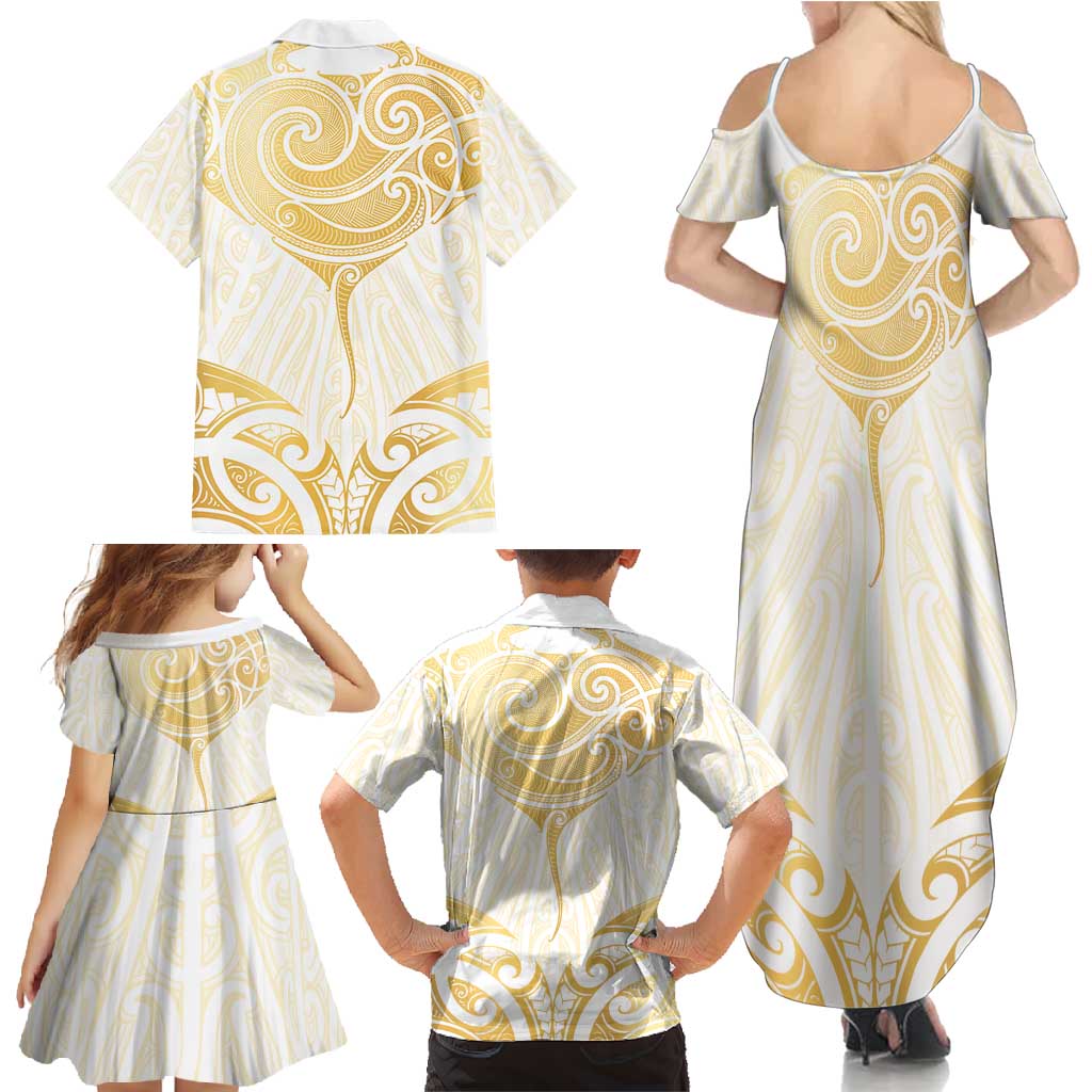 Gold White New Zealand Manta Ray Family Matching Summer Maxi Dress and Hawaiian Shirt Aotearoa Maori Haehae LT14 - Polynesian Pride