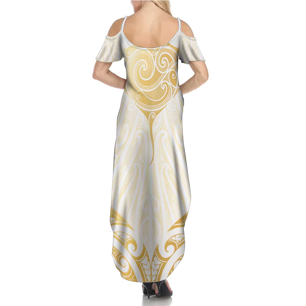Gold White New Zealand Manta Ray Family Matching Summer Maxi Dress and Hawaiian Shirt Aotearoa Maori Haehae LT14 - Polynesian Pride
