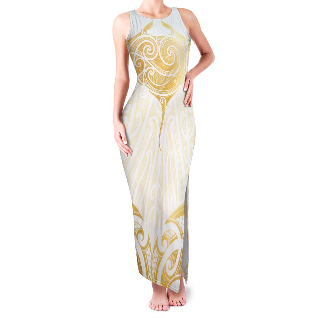 Gold White New Zealand Manta Ray Family Matching Tank Maxi Dress and Hawaiian Shirt Aotearoa Maori Haehae LT14 Mom's Dress White - Polynesian Pride