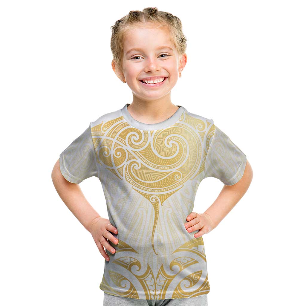 Gold White New Zealand Manta Ray Kid T Shirt Aotearoa Maori Haehae - Polynesian Pride
