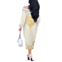 Gold White New Zealand Manta Ray Off The Shoulder Long Sleeve Dress Aotearoa Maori Haehae - Polynesian Pride