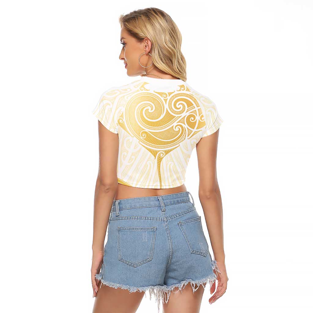 Gold White New Zealand Manta Ray Raglan Cropped T Shirt Aotearoa Maori Haehae - Polynesian Pride