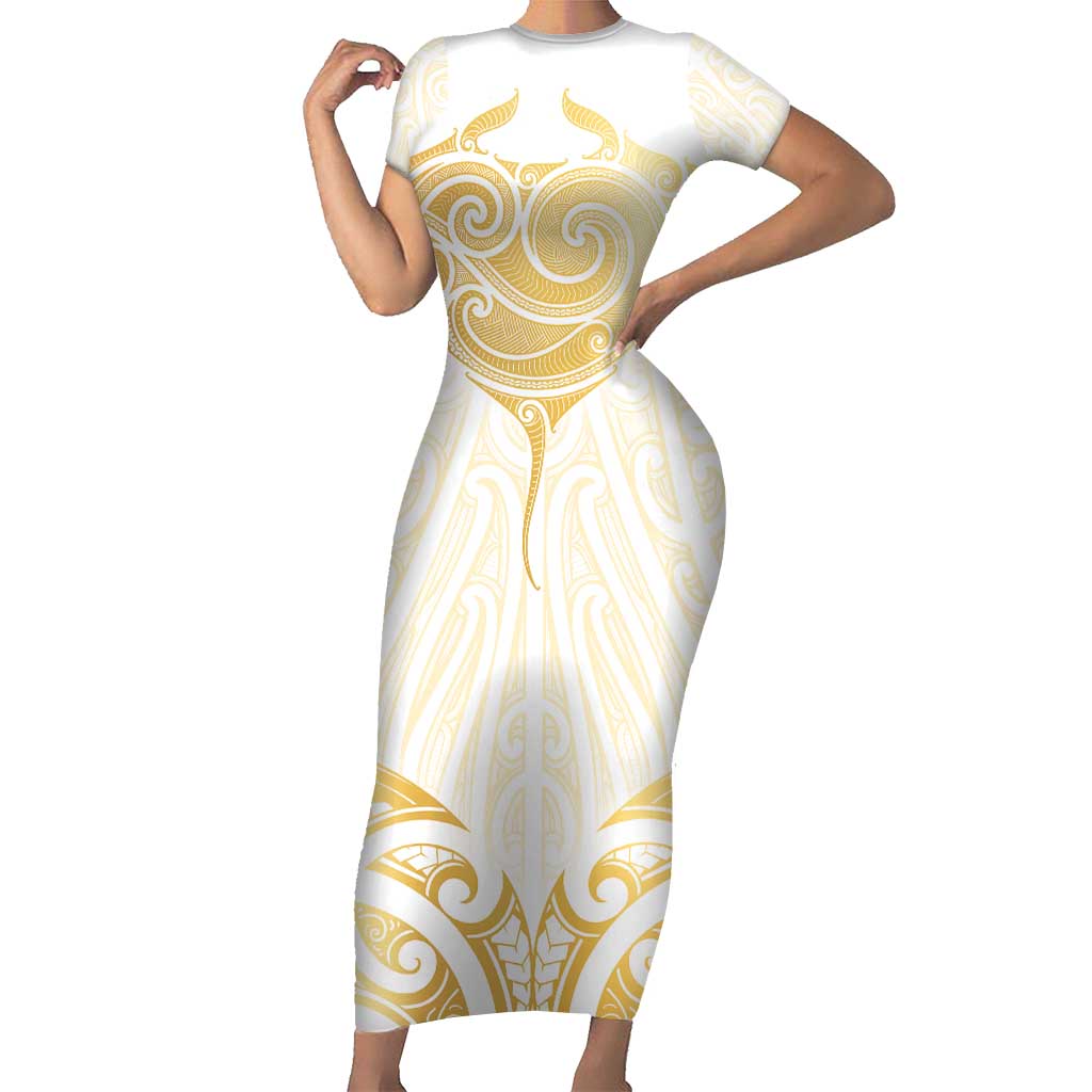 Gold White New Zealand Manta Ray Short Sleeve Bodycon Dress Aotearoa Maori Haehae - Polynesian Pride