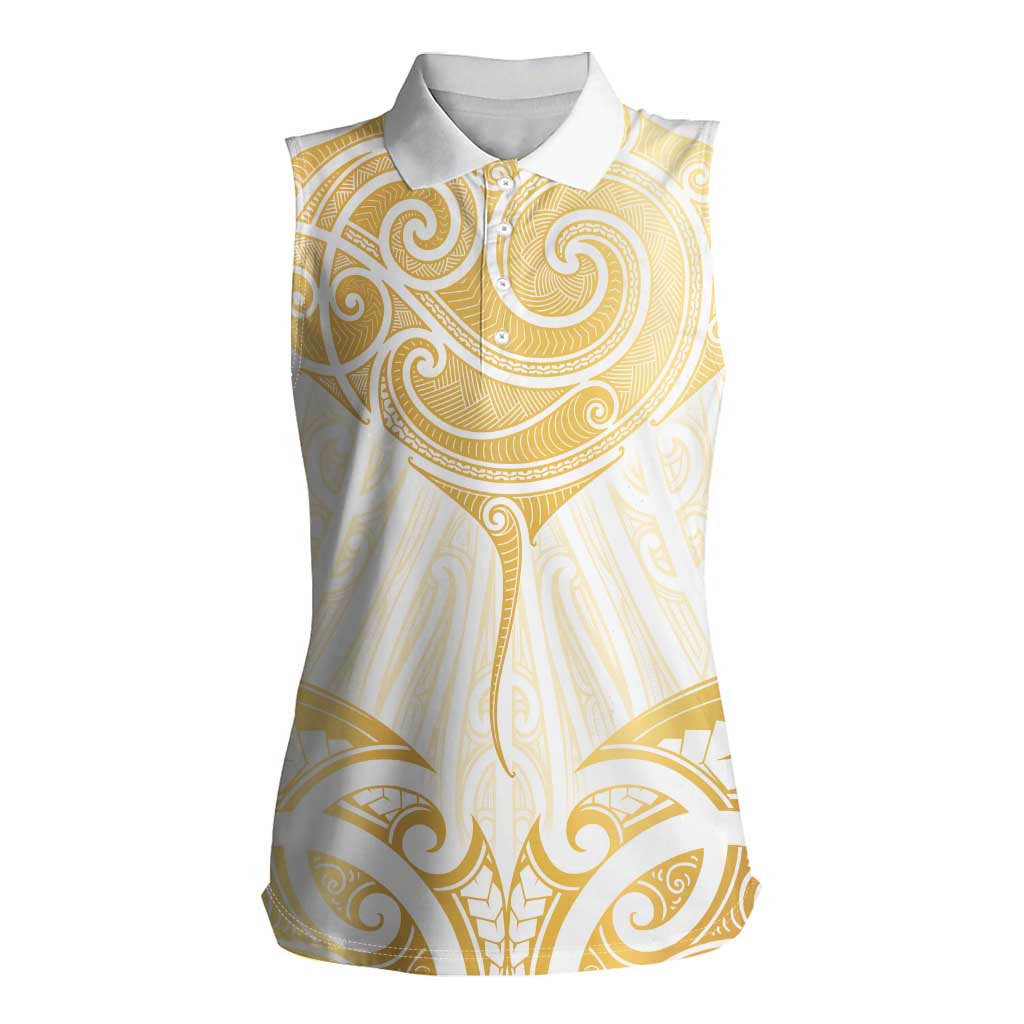 Gold White New Zealand Manta Ray Women Sleeveless Polo Shirt Aotearoa Maori Haehae LT14 Female White - Polynesian Pride