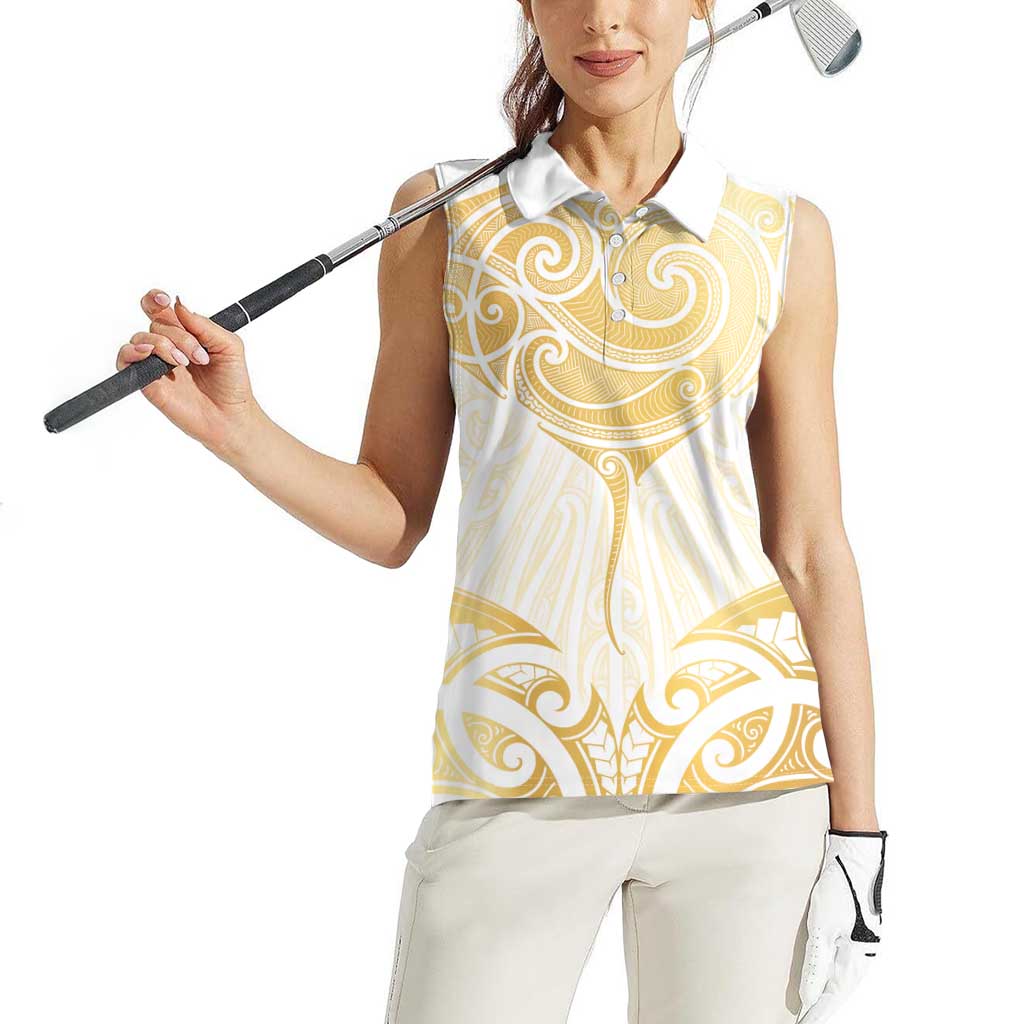 Gold White New Zealand Manta Ray Women Sleeveless Polo Shirt Aotearoa Maori Haehae LT14 - Polynesian Pride