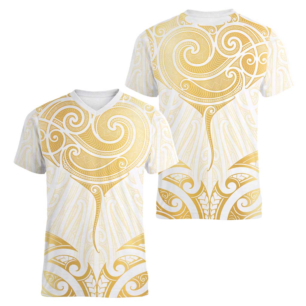 Gold White New Zealand Manta Ray Women V-Neck T-Shirt Aotearoa Maori Haehae LT14 - Polynesian Pride