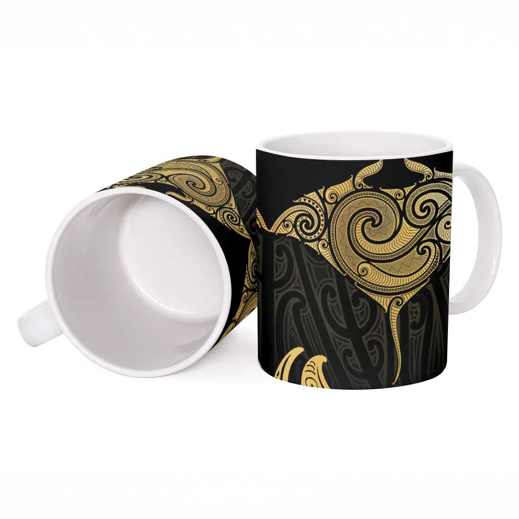 Gold Black New Zealand Manta Ray Ceramic Mug Aotearoa Maori Haehae LT14 - Polynesian Pride