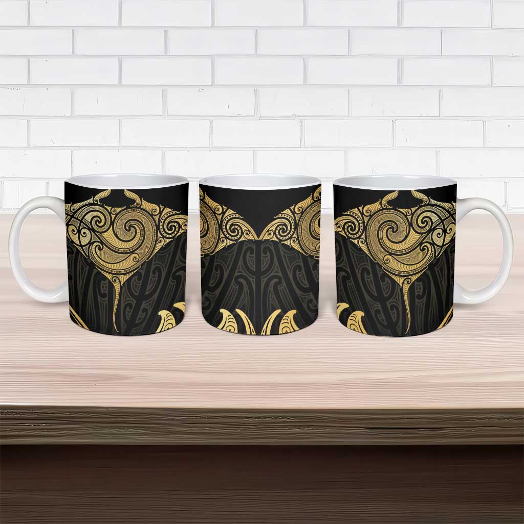 Gold Black New Zealand Manta Ray Ceramic Mug Aotearoa Maori Haehae LT14 - Polynesian Pride