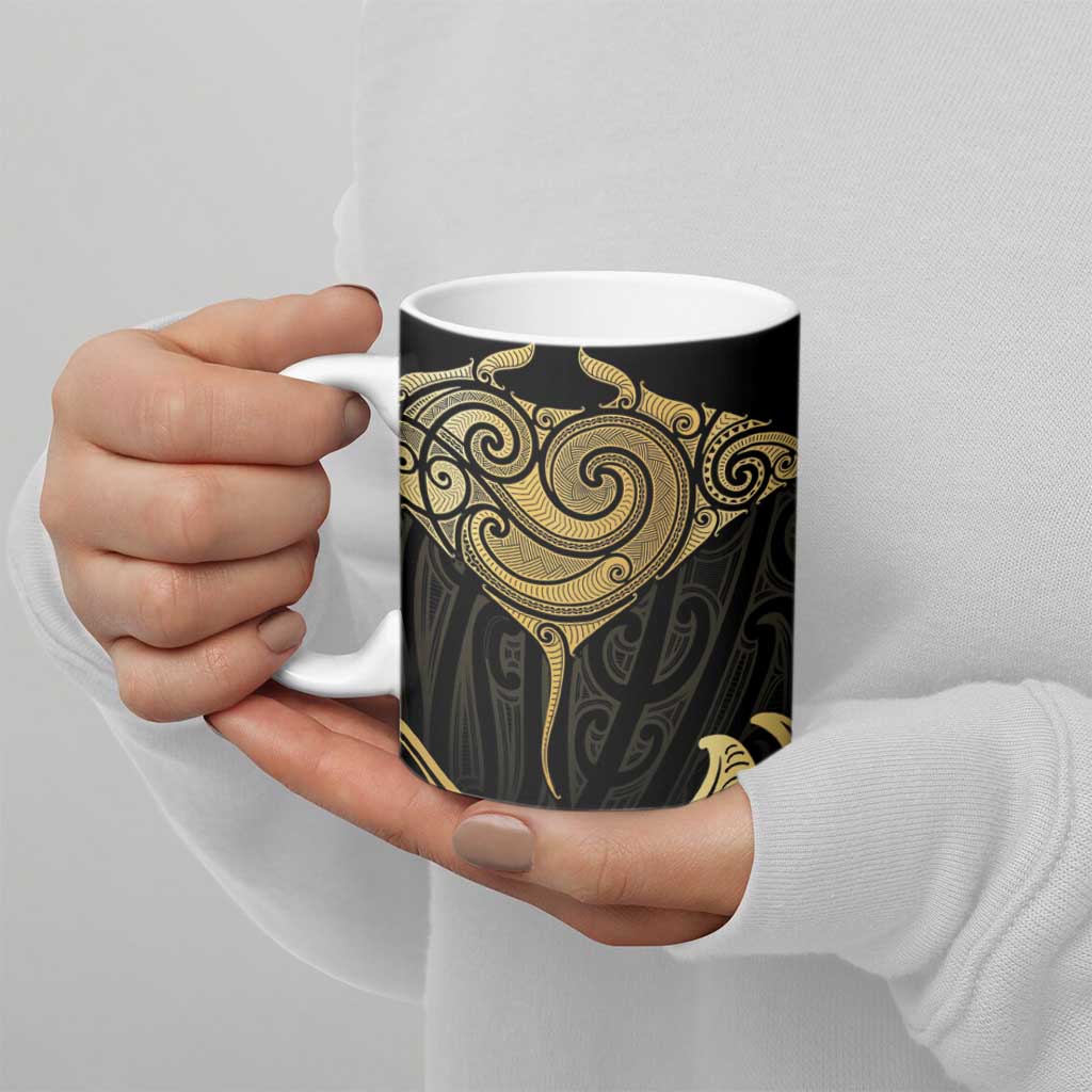 Gold Black New Zealand Manta Ray Ceramic Mug Aotearoa Maori Haehae LT14 - Polynesian Pride