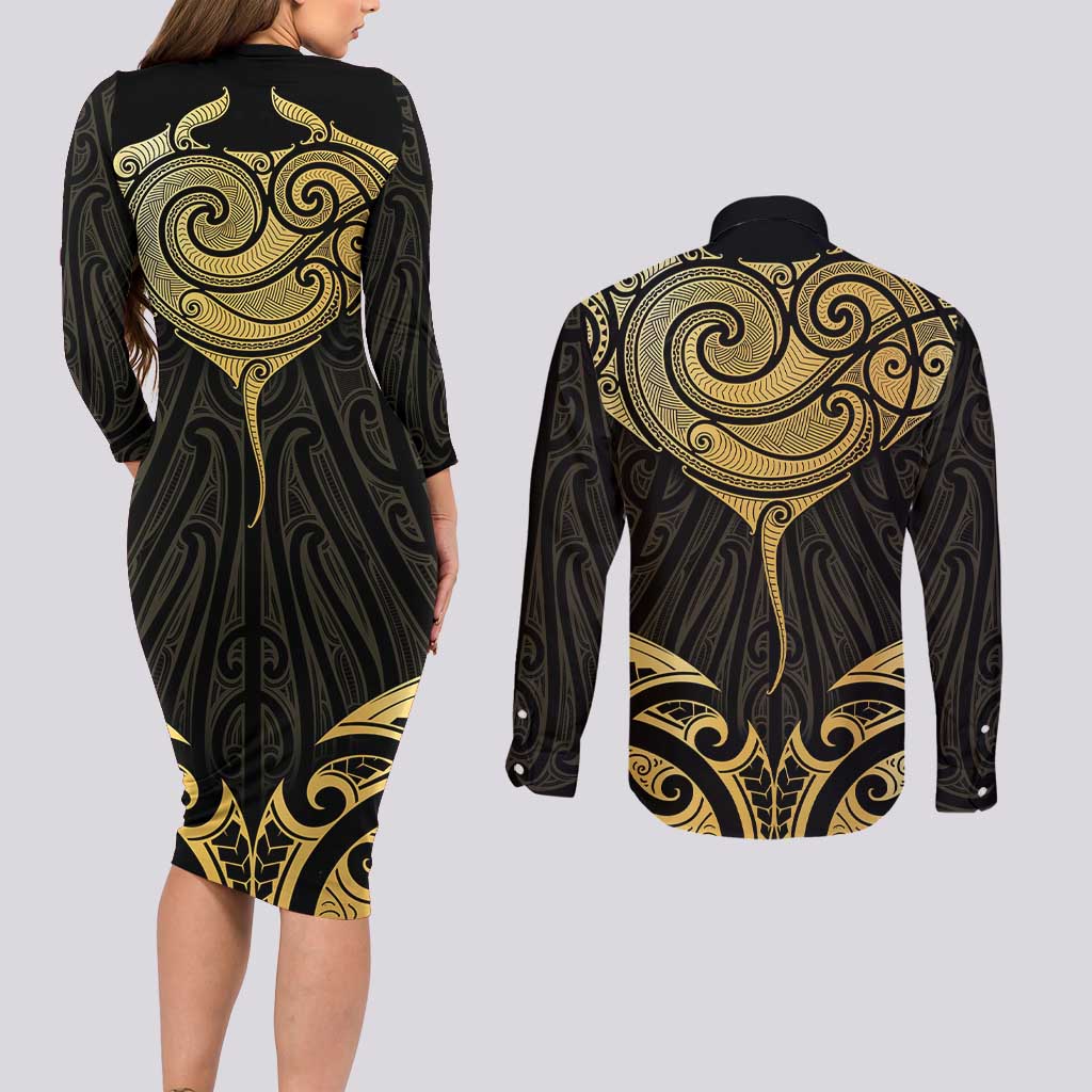 Gold Black New Zealand Manta Ray Couples Matching Long Sleeve Bodycon Dress and Long Sleeve Button Shirt Aotearoa Maori Haehae LT14 - Polynesian Pride