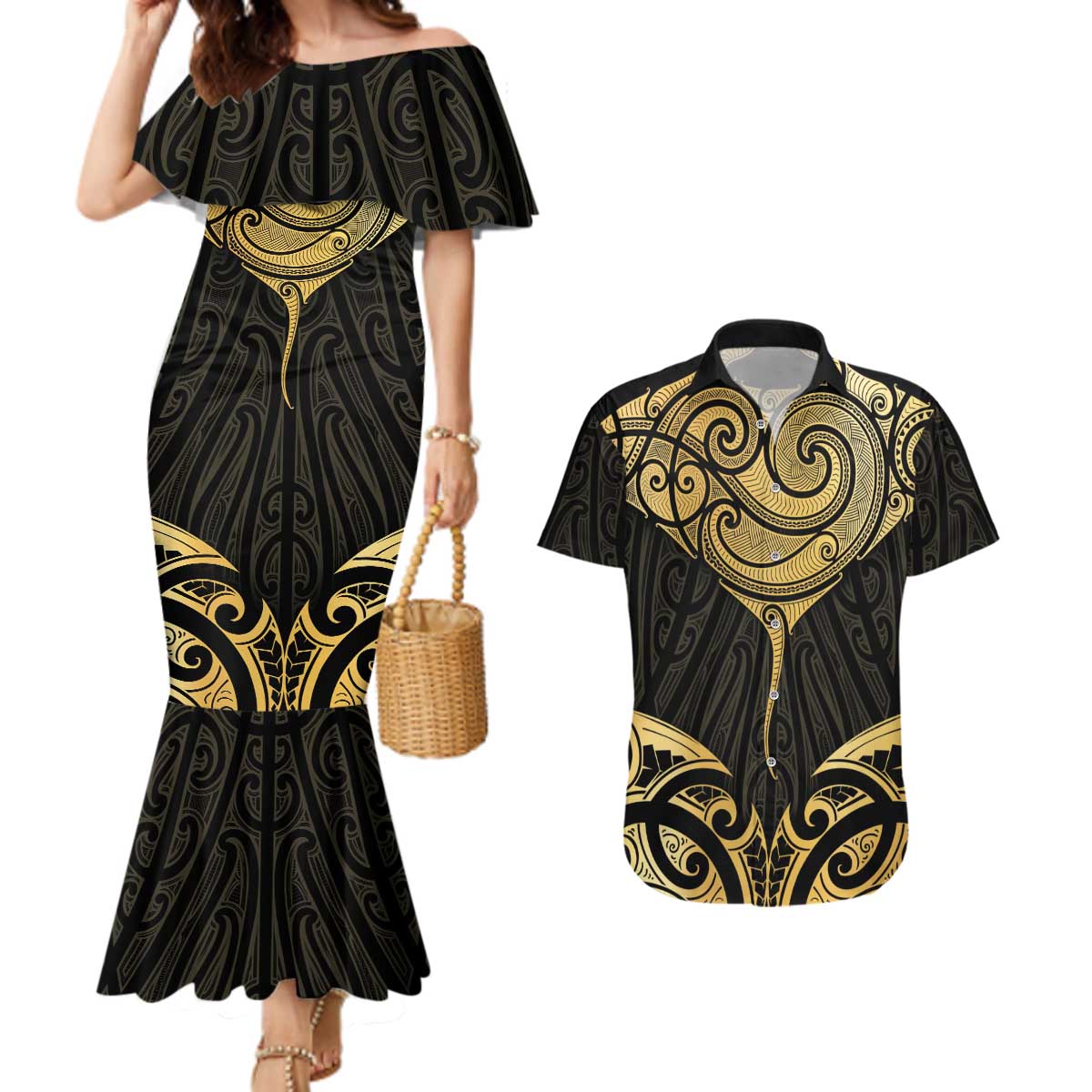 Gold Black New Zealand Manta Ray Couples Matching Mermaid Dress and Hawaiian Shirt Aotearoa Maori Haehae LT14 Black - Polynesian Pride