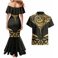 Gold Black New Zealand Manta Ray Couples Matching Mermaid Dress and Hawaiian Shirt Aotearoa Maori Haehae LT14 - Polynesian Pride