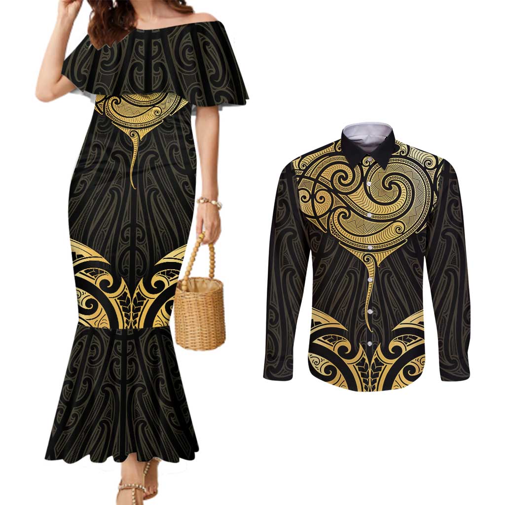 Gold Black New Zealand Manta Ray Couples Matching Mermaid Dress and Long Sleeve Button Shirt Aotearoa Maori Haehae LT14 Black - Polynesian Pride