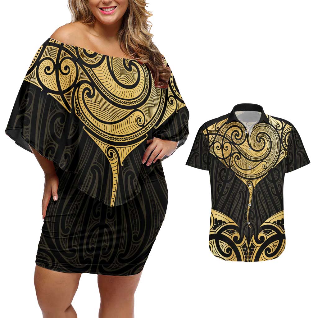 Gold Black New Zealand Manta Ray Couples Matching Off Shoulder Short Dress and Hawaiian Shirt Aotearoa Maori Haehae LT14 Black - Polynesian Pride