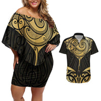 Gold Black New Zealand Manta Ray Couples Matching Off Shoulder Short Dress and Hawaiian Shirt Aotearoa Maori Haehae LT14 Black - Polynesian Pride