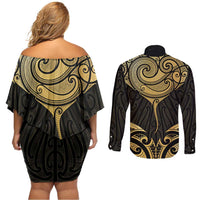 Gold Black New Zealand Manta Ray Couples Matching Off Shoulder Short Dress and Long Sleeve Button Shirt Aotearoa Maori Haehae LT14 - Polynesian Pride