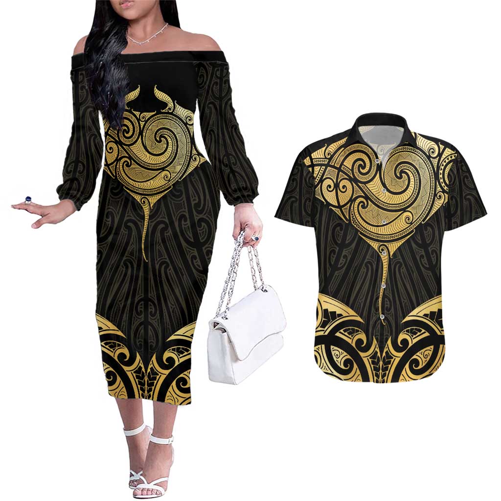 Gold Black New Zealand Manta Ray Couples Matching Off The Shoulder Long Sleeve Dress and Hawaiian Shirt Aotearoa Maori Haehae LT14 Black - Polynesian Pride