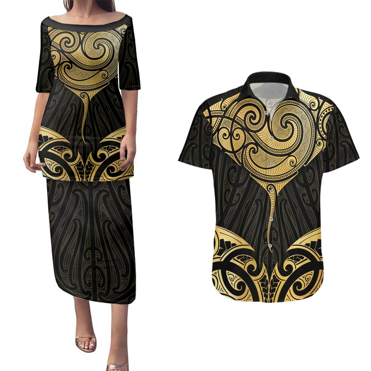 Gold Black New Zealand Manta Ray Couples Matching Puletasi and Hawaiian Shirt Aotearoa Maori Haehae LT14 Black - Polynesian Pride