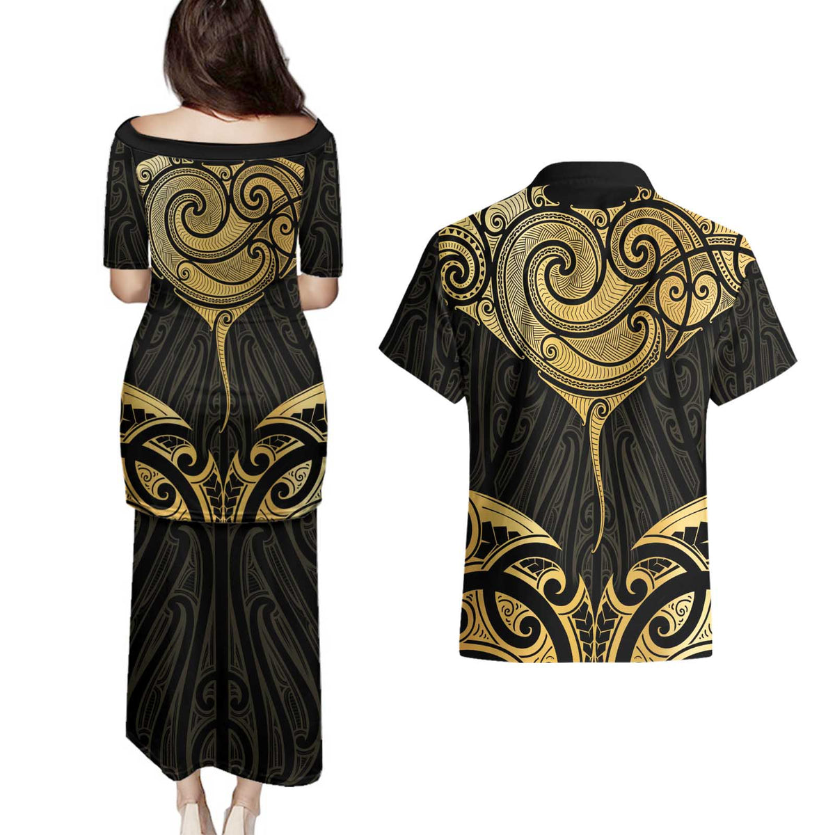 Gold Black New Zealand Manta Ray Couples Matching Puletasi and Hawaiian Shirt Aotearoa Maori Haehae LT14 - Polynesian Pride