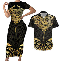 Gold Black New Zealand Manta Ray Couples Matching Short Sleeve Bodycon Dress and Hawaiian Shirt Aotearoa Maori Haehae LT14 Black - Polynesian Pride