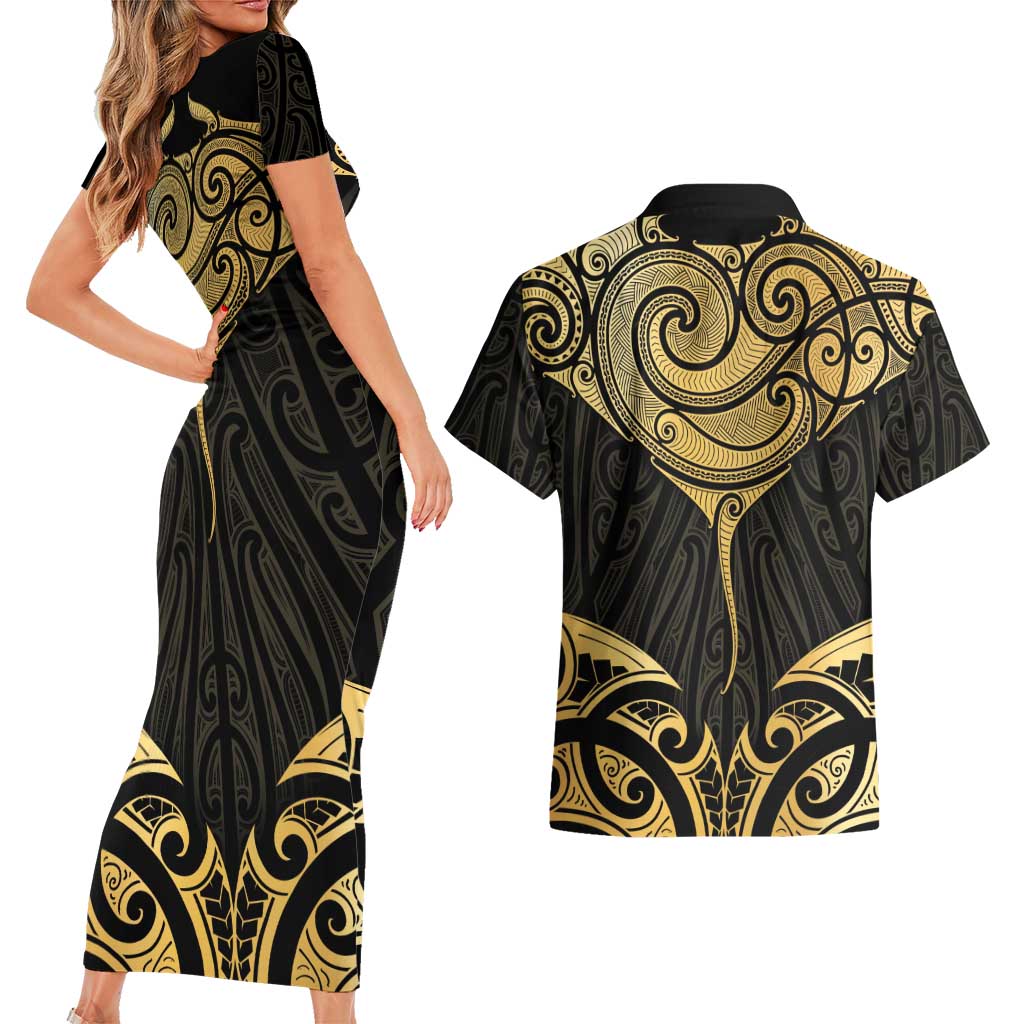Gold Black New Zealand Manta Ray Couples Matching Short Sleeve Bodycon Dress and Hawaiian Shirt Aotearoa Maori Haehae LT14 - Polynesian Pride