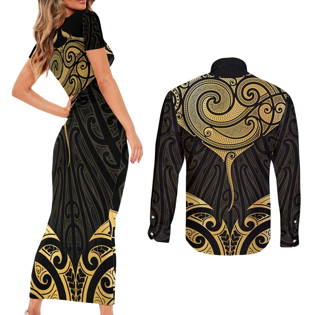 Gold Black New Zealand Manta Ray Couples Matching Short Sleeve Bodycon Dress and Long Sleeve Button Shirt Aotearoa Maori Haehae LT14 - Polynesian Pride