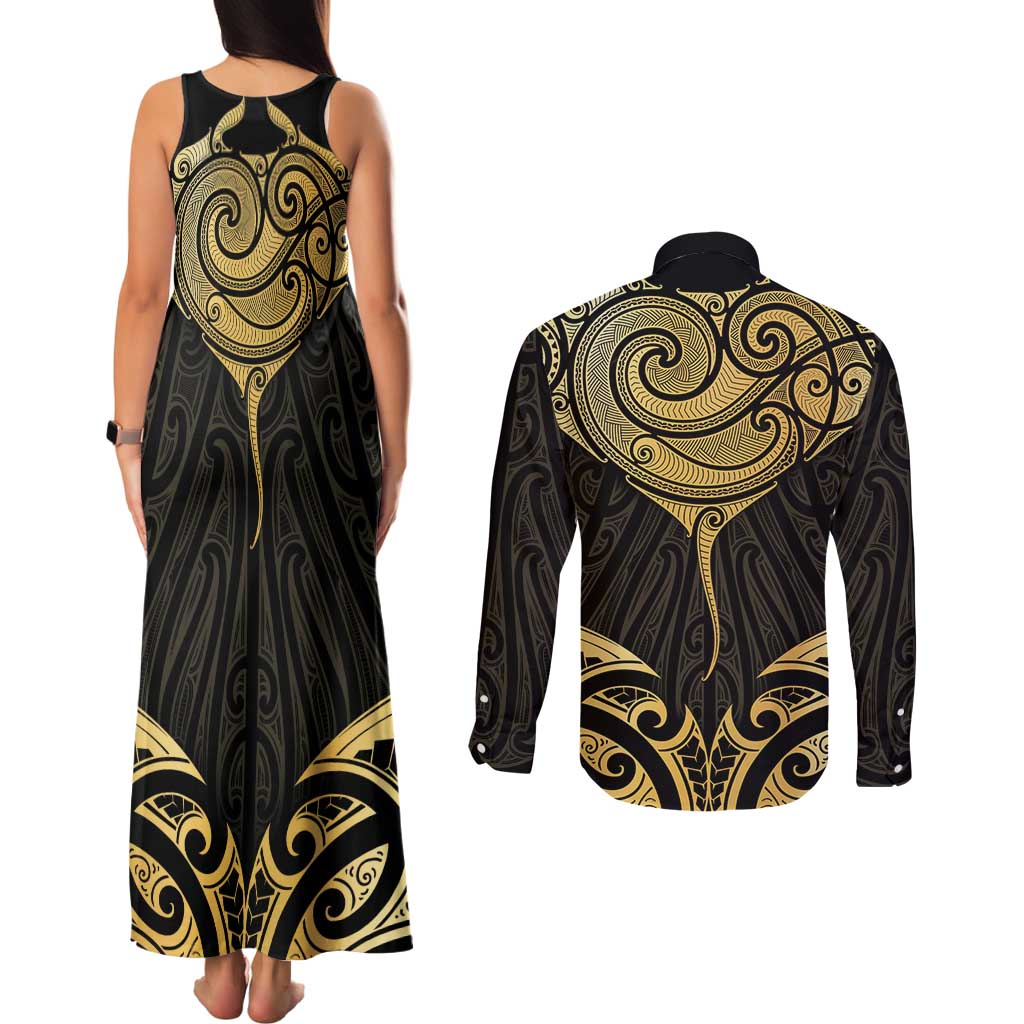 Gold Black New Zealand Manta Ray Couples Matching Tank Maxi Dress and Long Sleeve Button Shirt Aotearoa Maori Haehae LT14 - Polynesian Pride