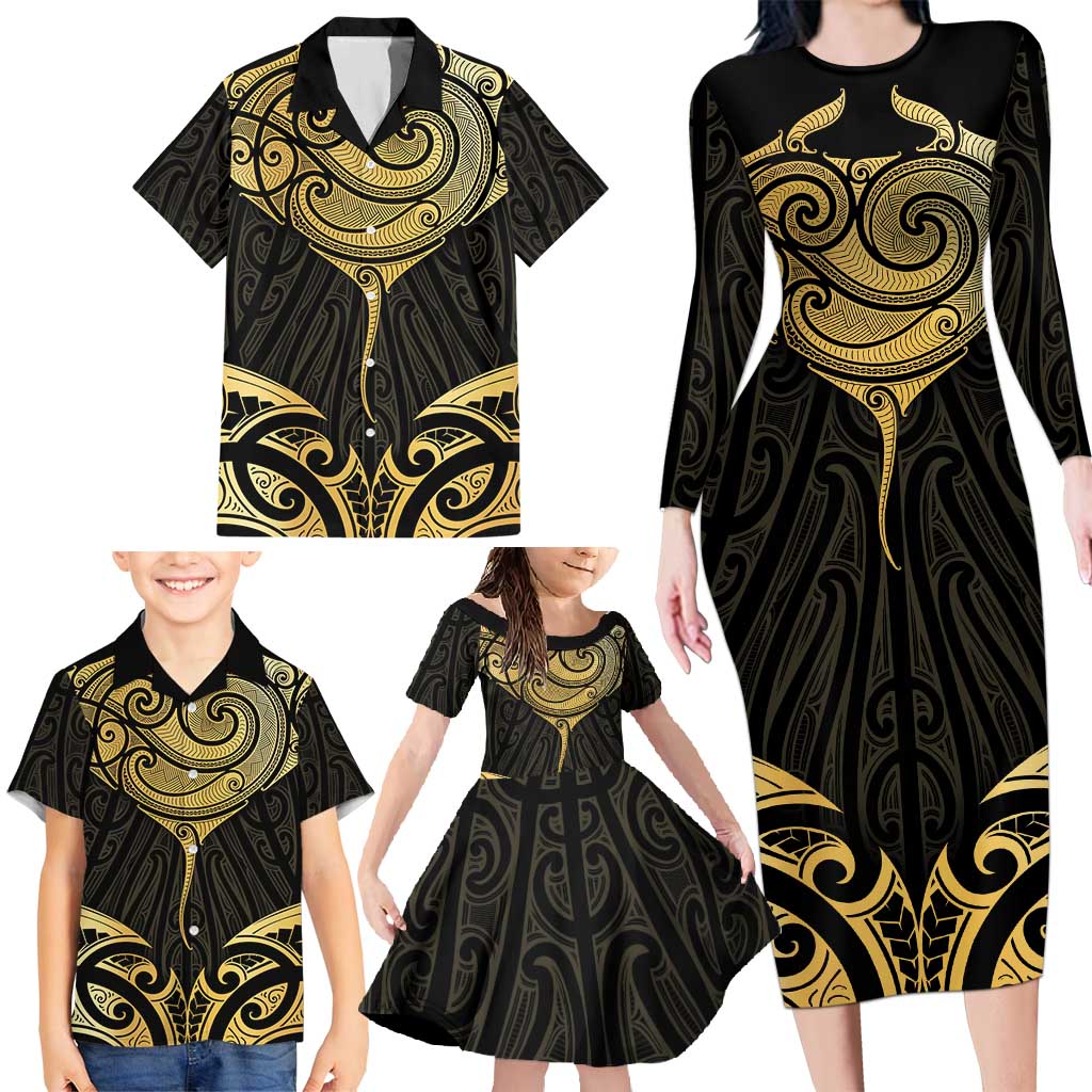 Gold Black New Zealand Manta Ray Family Matching Long Sleeve Bodycon Dress and Hawaiian Shirt Aotearoa Maori Haehae LT14 - Polynesian Pride