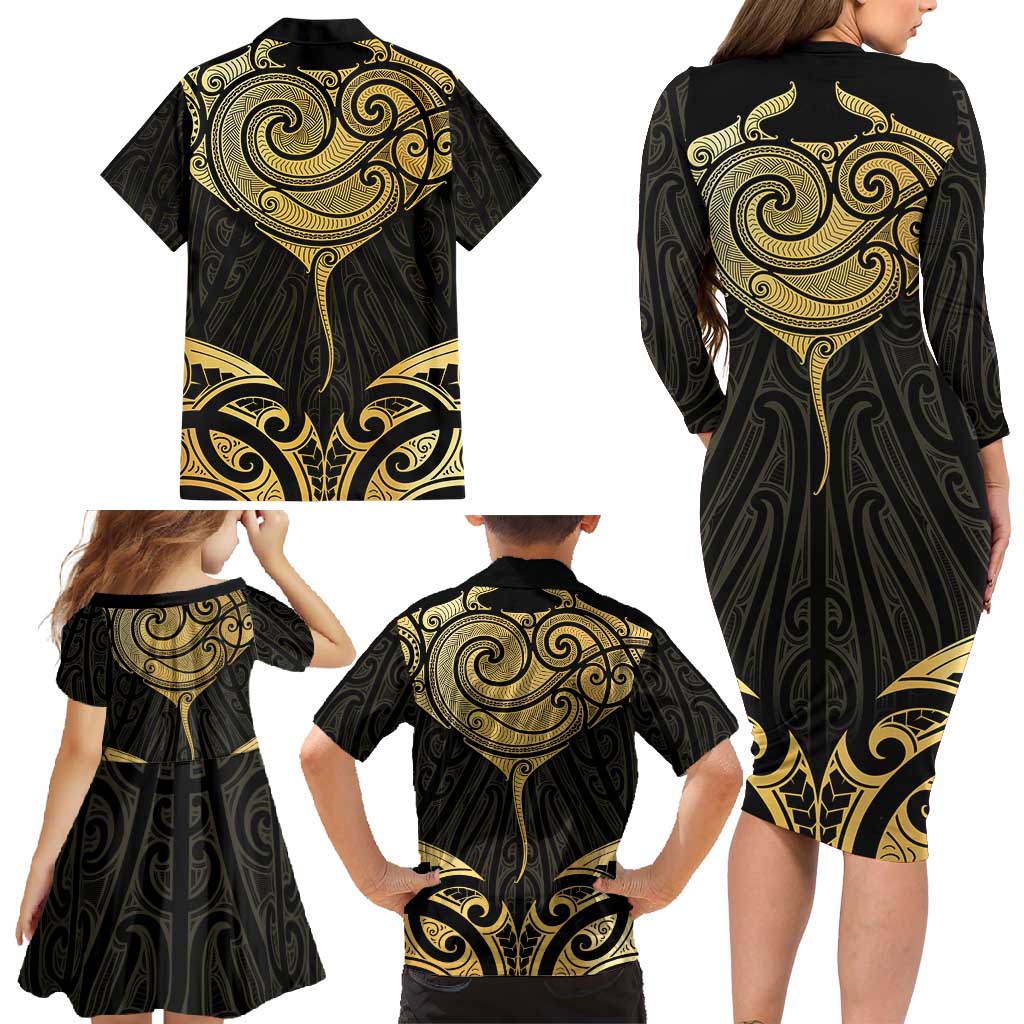 Gold Black New Zealand Manta Ray Family Matching Long Sleeve Bodycon Dress and Hawaiian Shirt Aotearoa Maori Haehae LT14 - Polynesian Pride