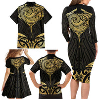 Gold Black New Zealand Manta Ray Family Matching Long Sleeve Bodycon Dress and Hawaiian Shirt Aotearoa Maori Haehae LT14 - Polynesian Pride