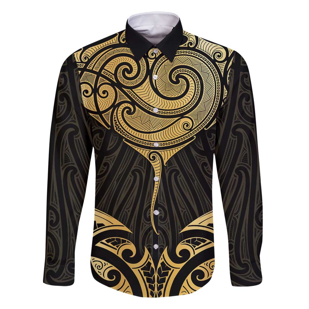 Gold Black New Zealand Manta Ray Family Matching Long Sleeve Bodycon Dress and Hawaiian Shirt Aotearoa Maori Haehae LT14 Dad's Shirt - Long Sleeve Black - Polynesian Pride