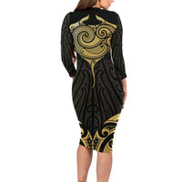 Gold Black New Zealand Manta Ray Family Matching Long Sleeve Bodycon Dress and Hawaiian Shirt Aotearoa Maori Haehae LT14 - Polynesian Pride