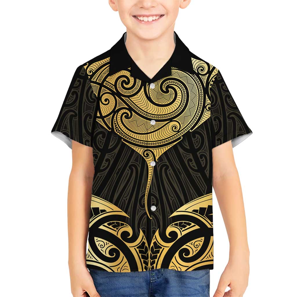 Gold Black New Zealand Manta Ray Family Matching Long Sleeve Bodycon Dress and Hawaiian Shirt Aotearoa Maori Haehae LT14 Son's Shirt Black - Polynesian Pride