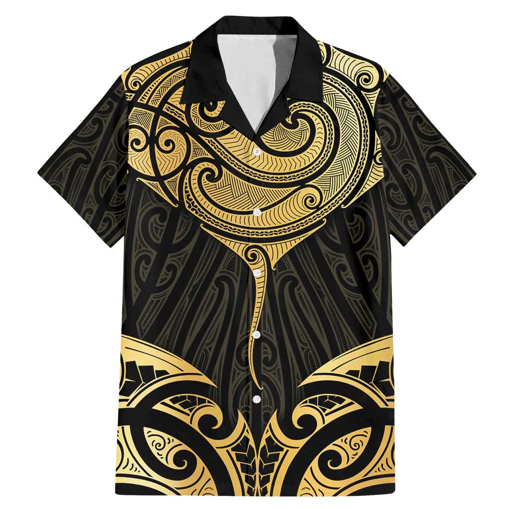 Gold Black New Zealand Manta Ray Family Matching Mermaid Dress and Hawaiian Shirt Aotearoa Maori Haehae LT14 Dad's Shirt - Short Sleeve Black - Polynesian Pride