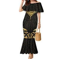 Gold Black New Zealand Manta Ray Family Matching Mermaid Dress and Hawaiian Shirt Aotearoa Maori Haehae LT14 Mom's Dress Black - Polynesian Pride