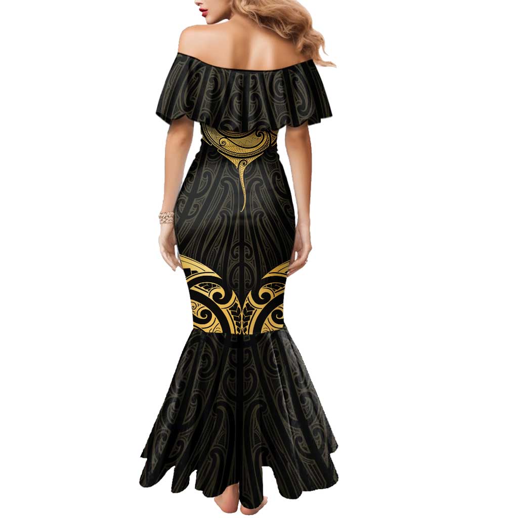Gold Black New Zealand Manta Ray Family Matching Mermaid Dress and Hawaiian Shirt Aotearoa Maori Haehae LT14 - Polynesian Pride
