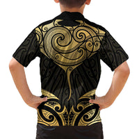 Gold Black New Zealand Manta Ray Family Matching Off The Shoulder Long Sleeve Dress and Hawaiian Shirt Aotearoa Maori Haehae LT14 - Polynesian Pride