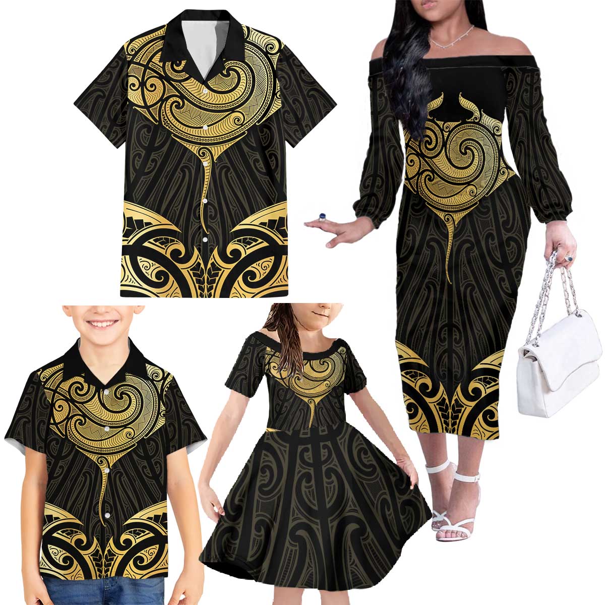 Gold Black New Zealand Manta Ray Family Matching Off The Shoulder Long Sleeve Dress and Hawaiian Shirt Aotearoa Maori Haehae LT14 - Polynesian Pride