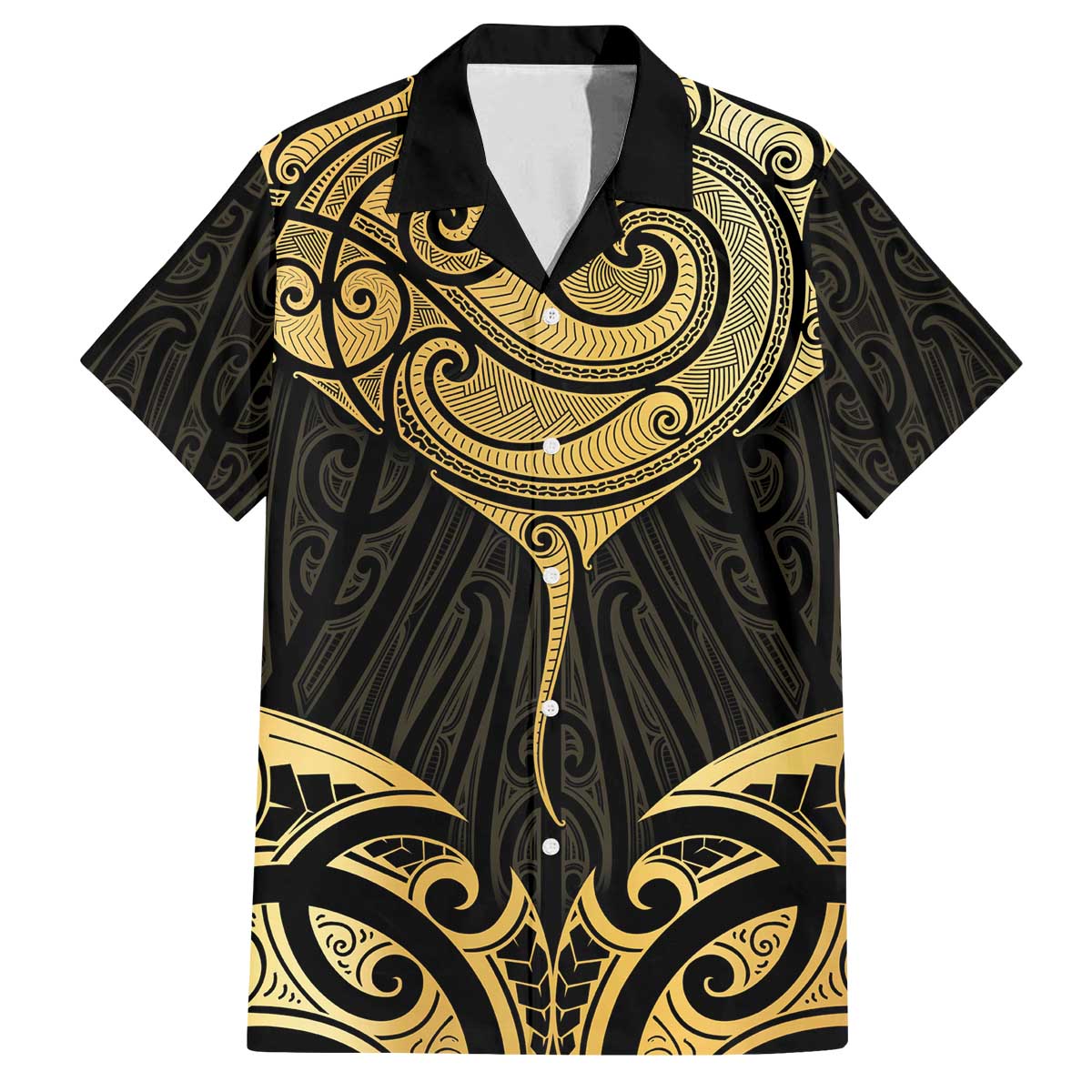 Gold Black New Zealand Manta Ray Family Matching Off The Shoulder Long Sleeve Dress and Hawaiian Shirt Aotearoa Maori Haehae LT14 Dad's Shirt - Short Sleeve Black - Polynesian Pride