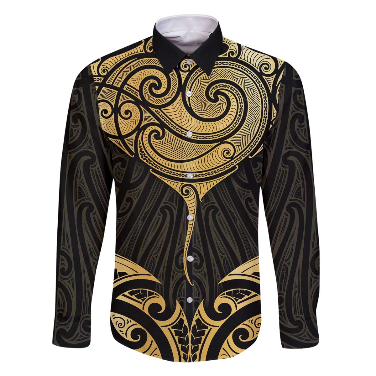 Gold Black New Zealand Manta Ray Family Matching Off The Shoulder Long Sleeve Dress and Hawaiian Shirt Aotearoa Maori Haehae LT14 Dad's Shirt - Long Sleeve Black - Polynesian Pride