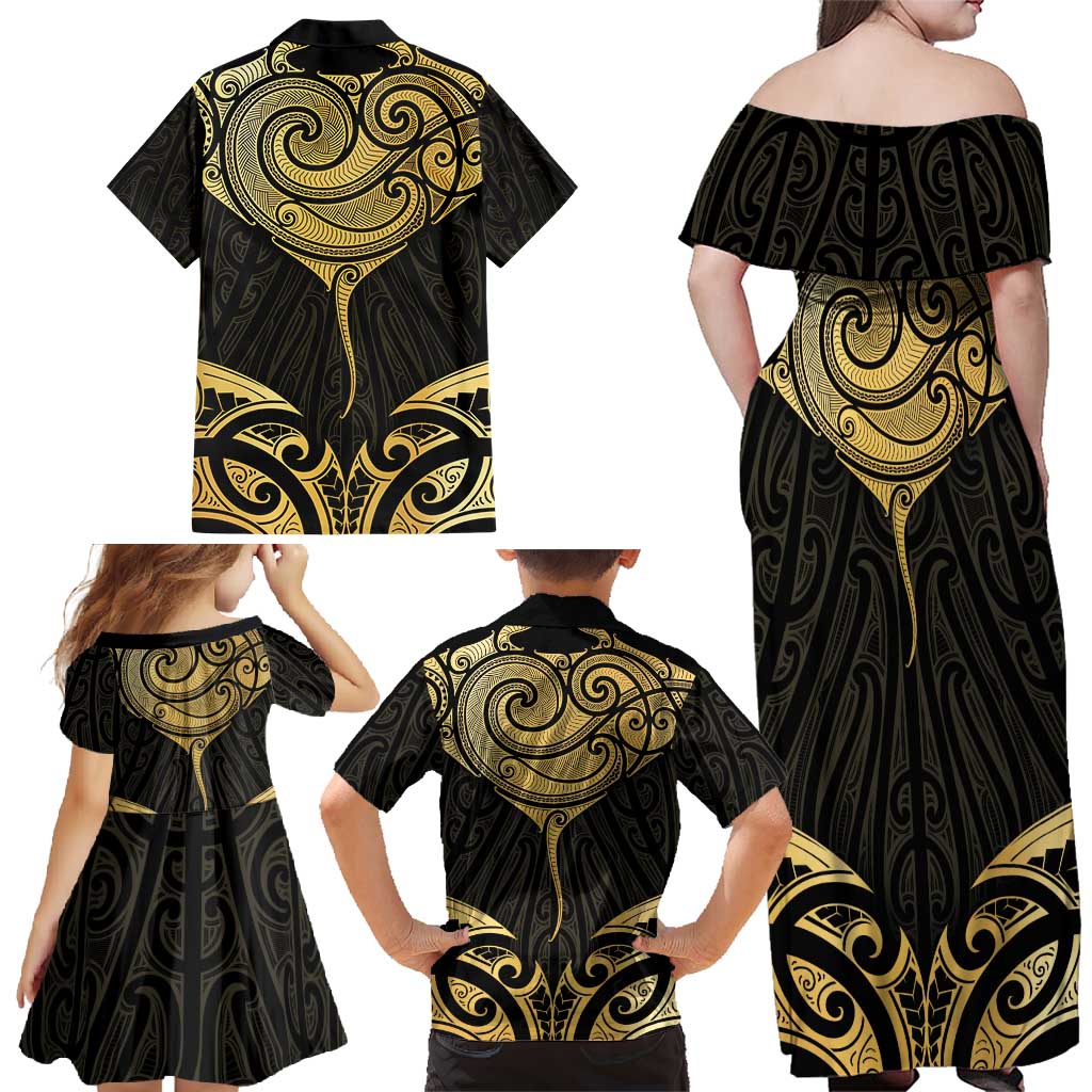 Gold Black New Zealand Manta Ray Family Matching Off Shoulder Maxi Dress and Hawaiian Shirt Aotearoa Maori Haehae LT14 - Polynesian Pride