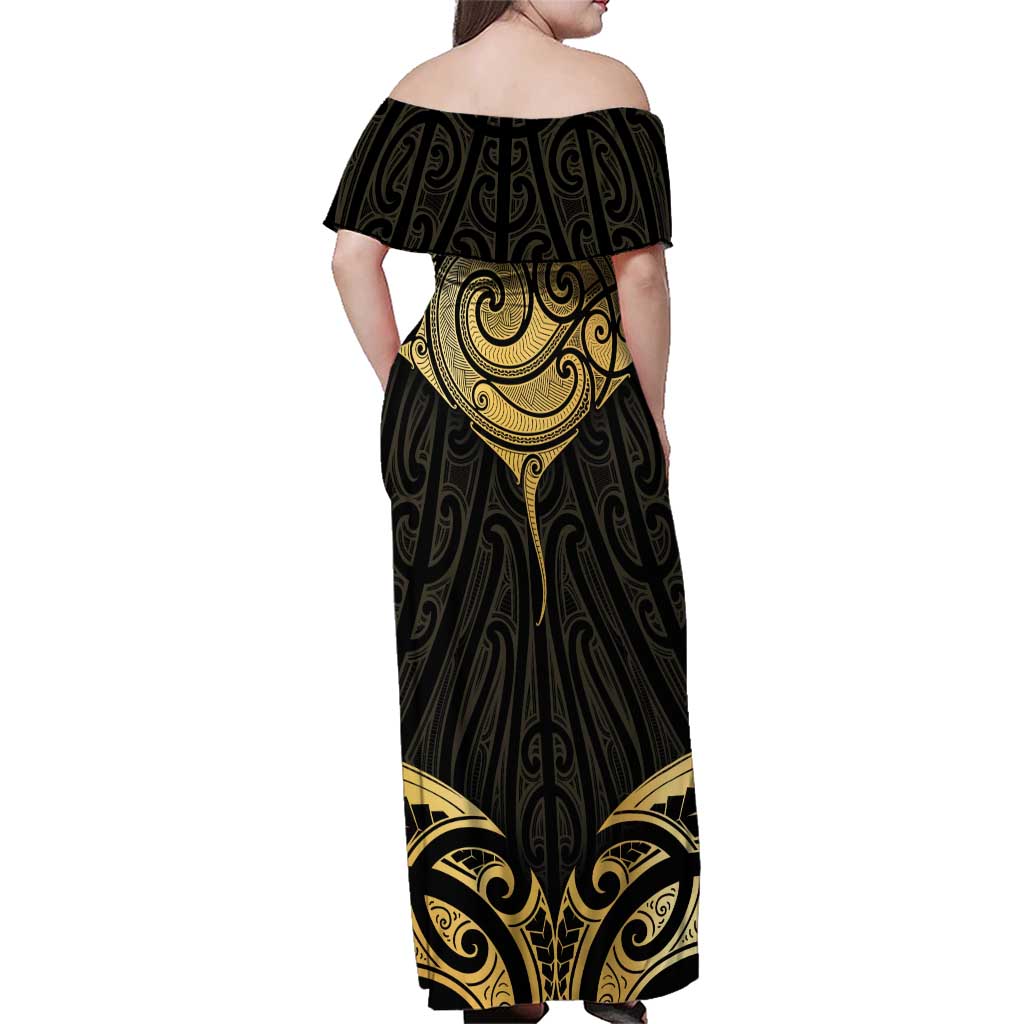 Gold Black New Zealand Manta Ray Family Matching Off Shoulder Maxi Dress and Hawaiian Shirt Aotearoa Maori Haehae LT14 - Polynesian Pride