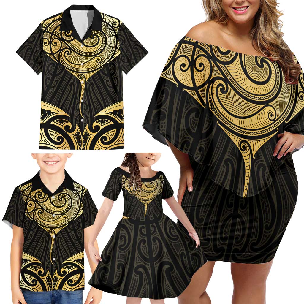 Gold Black New Zealand Manta Ray Family Matching Off Shoulder Short Dress and Hawaiian Shirt Aotearoa Maori Haehae LT14 - Polynesian Pride