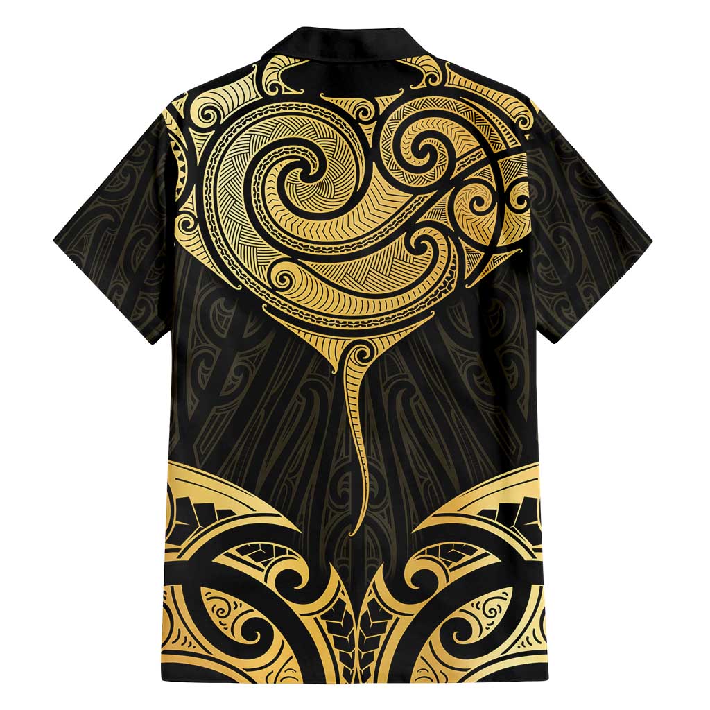 Gold Black New Zealand Manta Ray Family Matching Off Shoulder Short Dress and Hawaiian Shirt Aotearoa Maori Haehae LT14 - Polynesian Pride