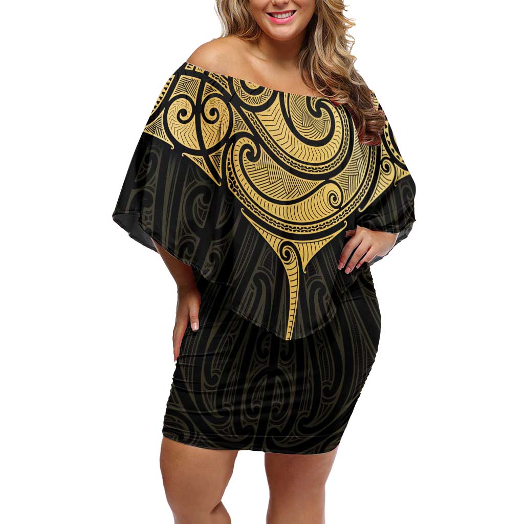 Gold Black New Zealand Manta Ray Family Matching Off Shoulder Short Dress and Hawaiian Shirt Aotearoa Maori Haehae LT14 Mom's Dress Black - Polynesian Pride