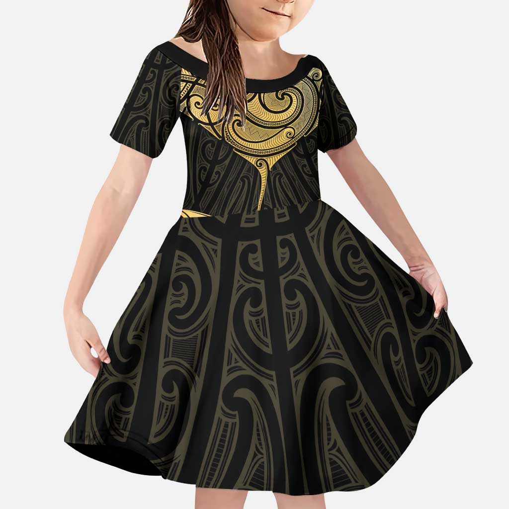 Gold Black New Zealand Manta Ray Family Matching Puletasi and Hawaiian Shirt Aotearoa Maori Haehae LT14 Daughter's Dress Black - Polynesian Pride
