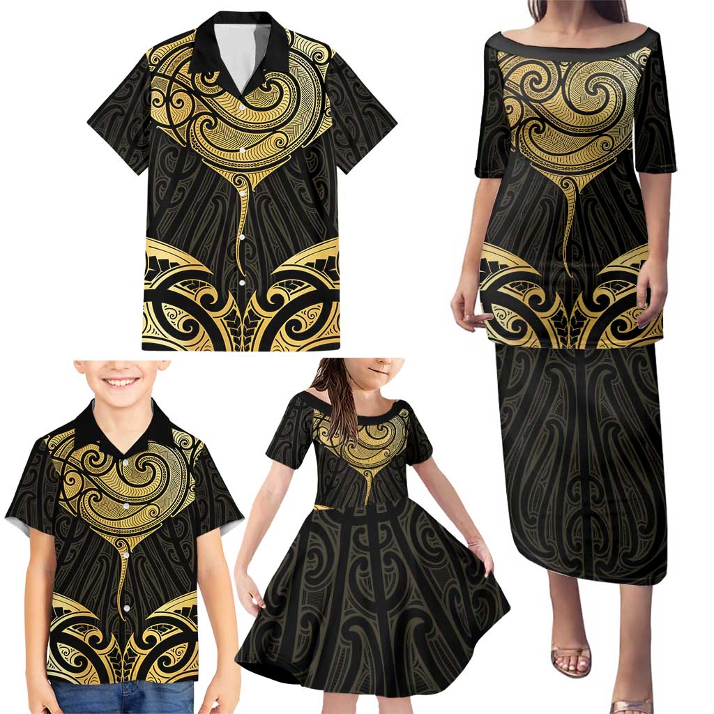 Gold Black New Zealand Manta Ray Family Matching Puletasi and Hawaiian Shirt Aotearoa Maori Haehae LT14 - Polynesian Pride